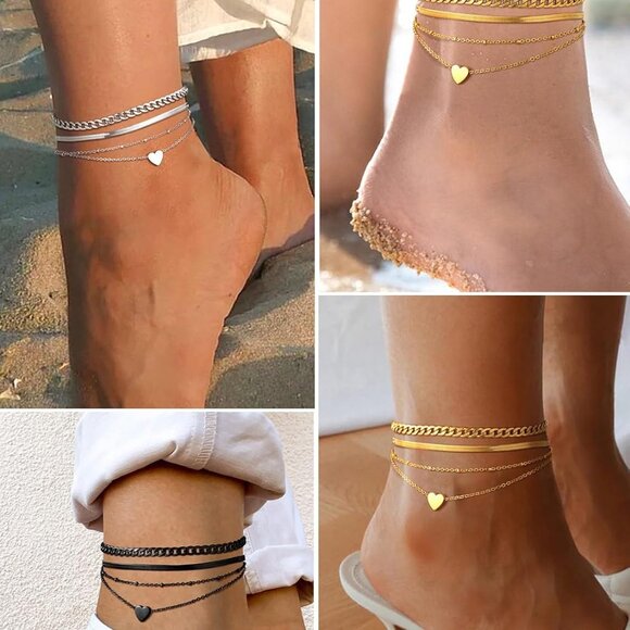 Stainless Steel Anklet Set 2-3PCS Beach Jewelry Layered Charm Waterproof - Picture 2 of 9